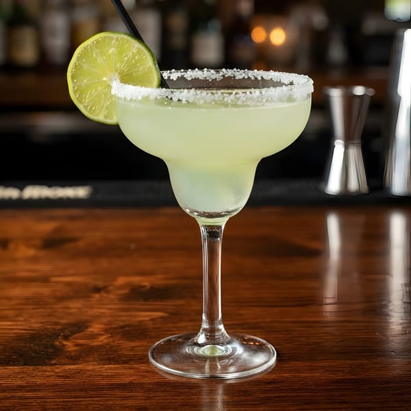A margarita with a salted rim, lime slice, and black straw sits on a wooden bar.