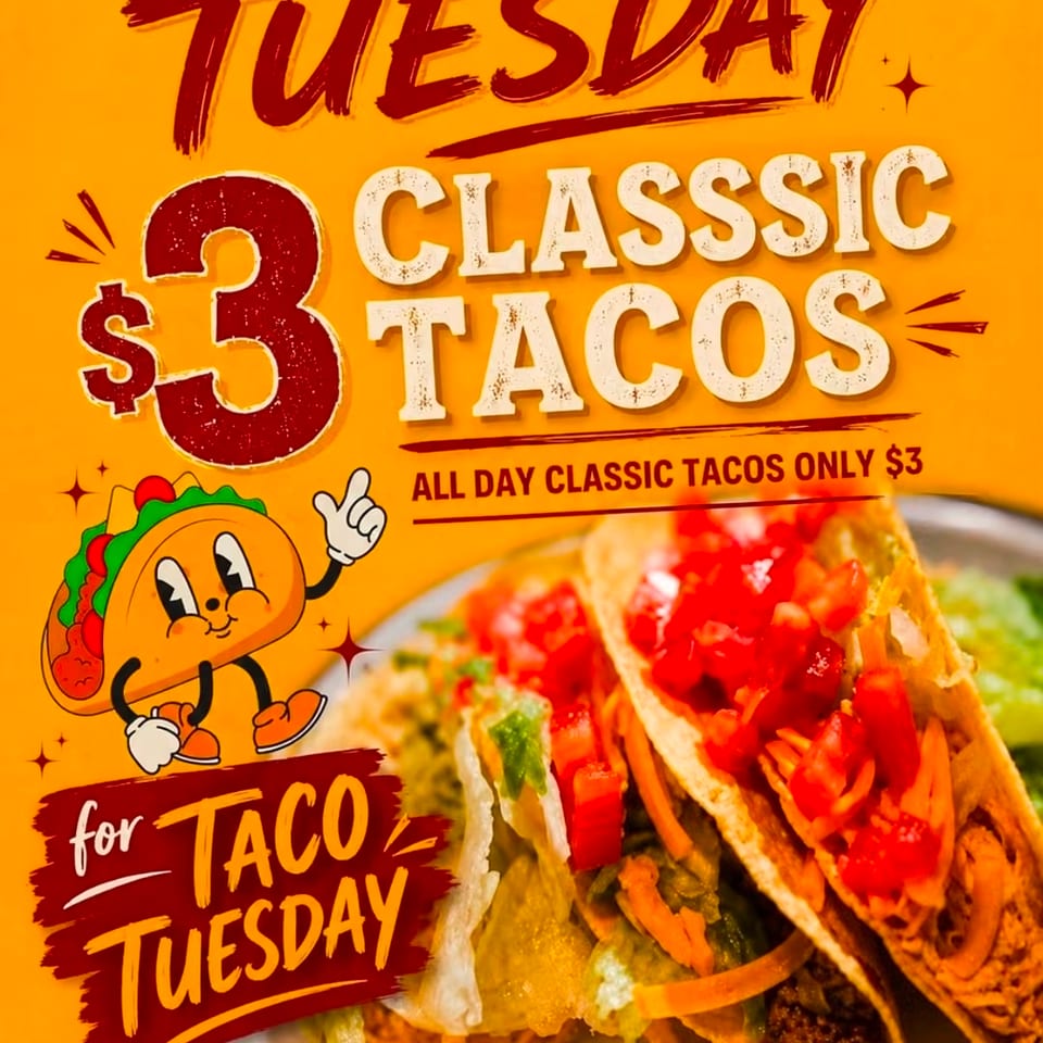 Colorful Taco Tuesday promotion featuring classic tacos, a cartoon taco mascot, and $3 taco special details.