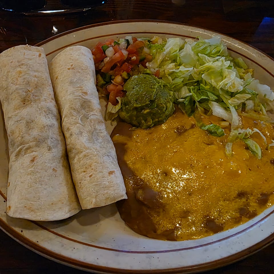Plate of two rolled burritos with sauced enchiladas, lettuce salad, pico de gallo, and guacamole.