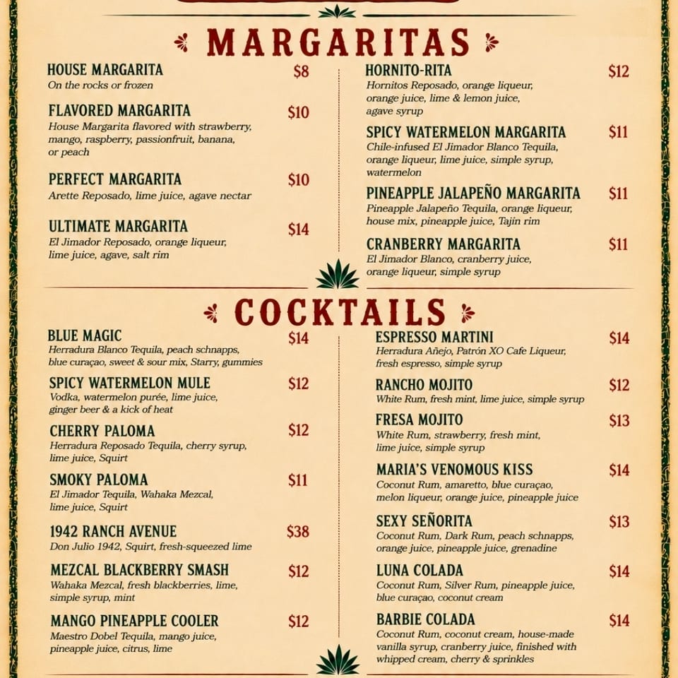 Vintage El Rancho Grande Cocina & Cantina drink menu featuring margaritas, cocktails, wine, and sangria in a decorative Southwestern design.