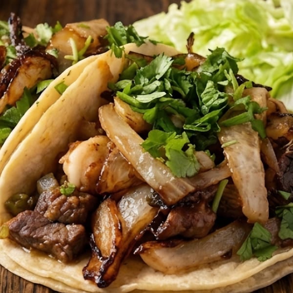 Two stuffed tacos with grilled meat, onions, peppers, cilantro, lettuce, and lime wedges on a wooden table.
