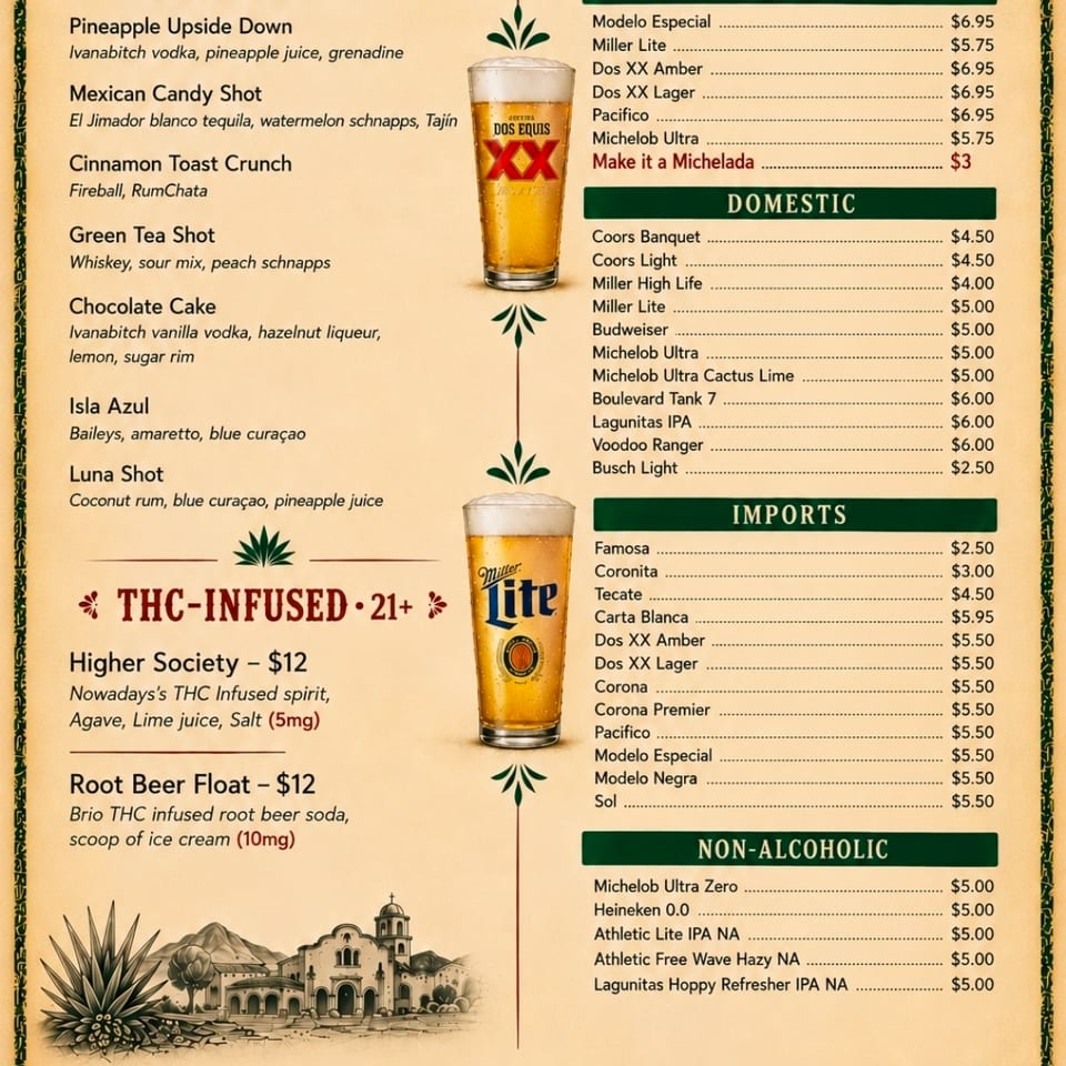 El Rancho Grande drink menu featuring shots, THC-infused drinks, beer selections, Red Bull, Monster, and two illustrated beer glasses.