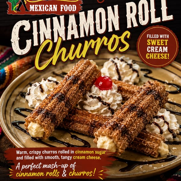 Rancho Grande Mexican Food promotional graphic featuring cinnamon-roll churros filled with sweet cream cheese, whipped cream, cherries, and chocolate drizzle.