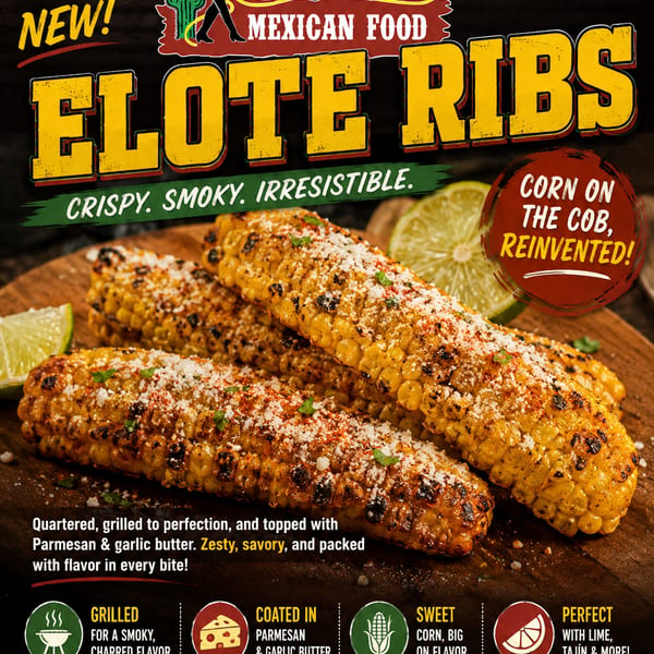 Promotional Rancho Grande Mexican Food poster featuring grilled elote ribs topped with Parmesan, garlic butter, spices, and lime.