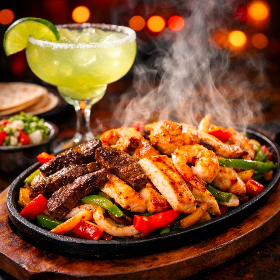 Sizzling skillet of steak, chicken, and shrimp fajitas with peppers, onions, and a salt-rimmed lime margarita.