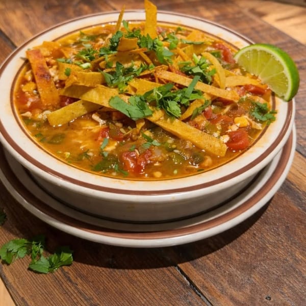A bowl of tortilla soup with chicken, vegetables, tortilla strips, cilantro, and a lime wedge.