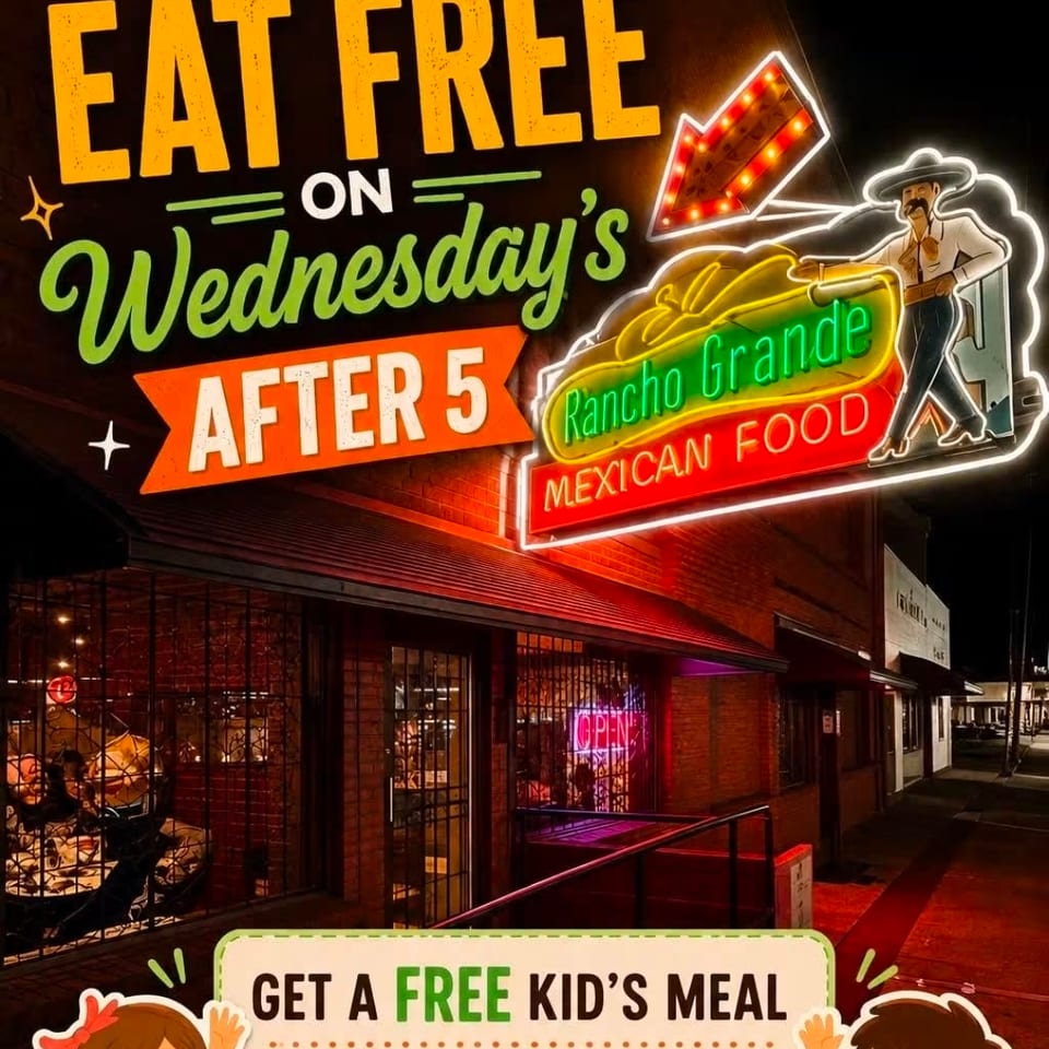 Promotional poster for Rancho Grande Mexican Food advertising free kids’ meals with adult entrées on Wednesdays after 5 p.m.