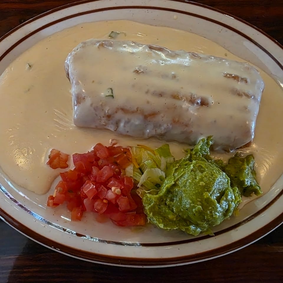 Cheese-covered enchilada served with diced tomatoes, shredded lettuce, and guacamole on a white plate.